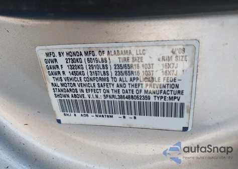 2008 Honda Odyssey Ex-L from USA, damaged, VIN 5FNRL38648B062359